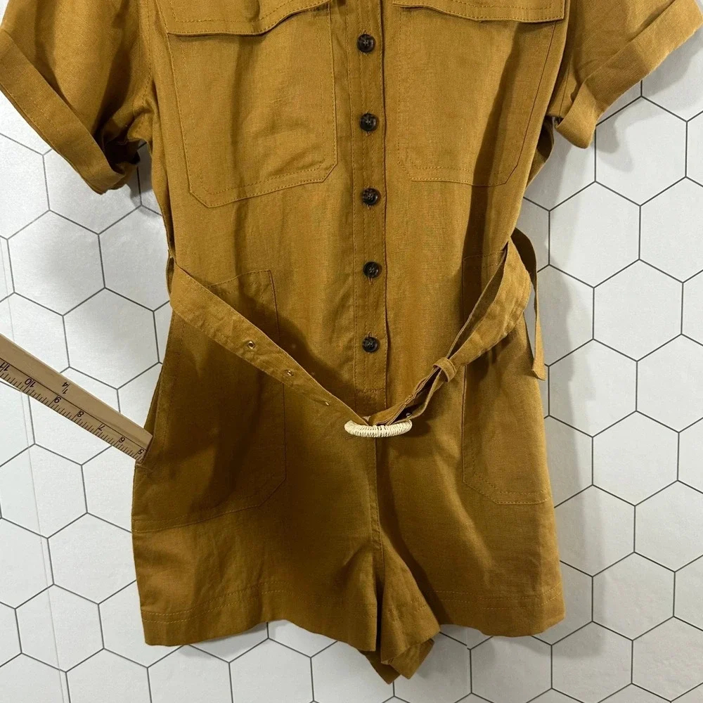 Banana Republic Womens Petite S 100% Linen Utility Romper Ochre Brown NEW